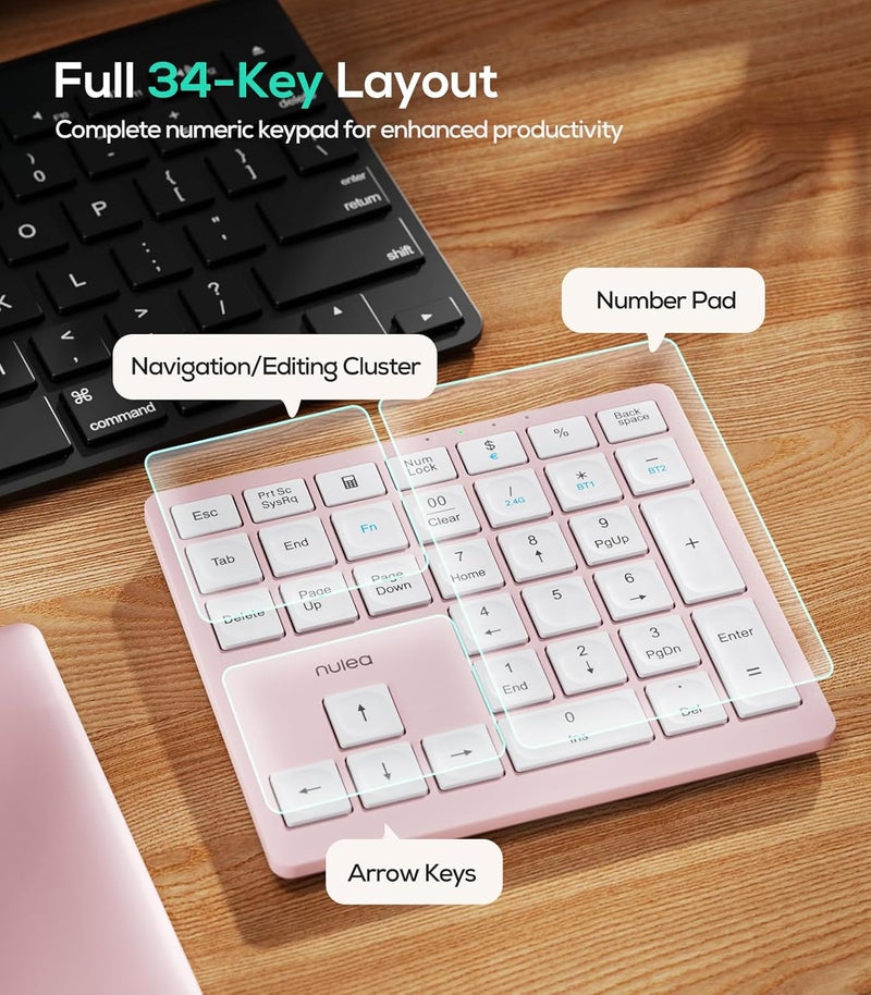 Nulea Wireless Number Pad Bluetooth 5.0 & 2.4G Portable Numeric Keyboard, USB-C Rechargeable, 34-Keys Bluetooth Keyboard for Data Entry (Pink) - Image 5
